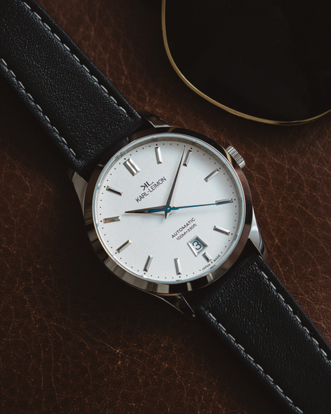 3Hands Date WHITE Heat Treated Blue Hands - KARL-LEIMON Watches
