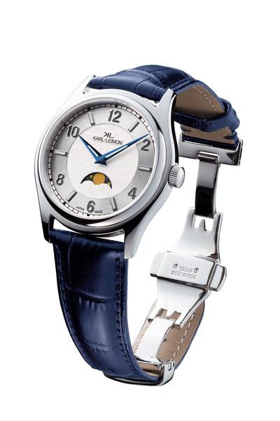 Single Moonphase WHITE BLUE HANDS - KARL-LEIMON Watches