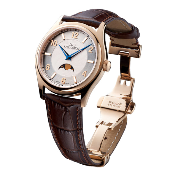 Single Moonphase LIMITED GOLD IP WHITE BLUE HANDS - KARL-LEIMON Watches