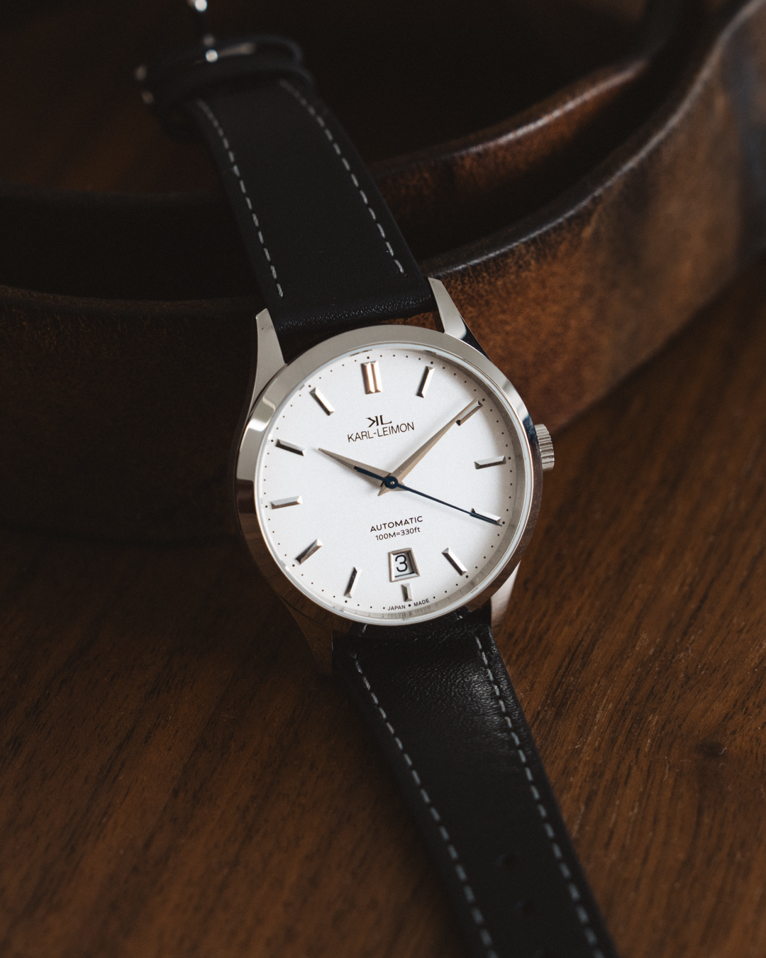 3Hands Date WHITE Heat Treated Blue Hands - KARL-LEIMON Watches