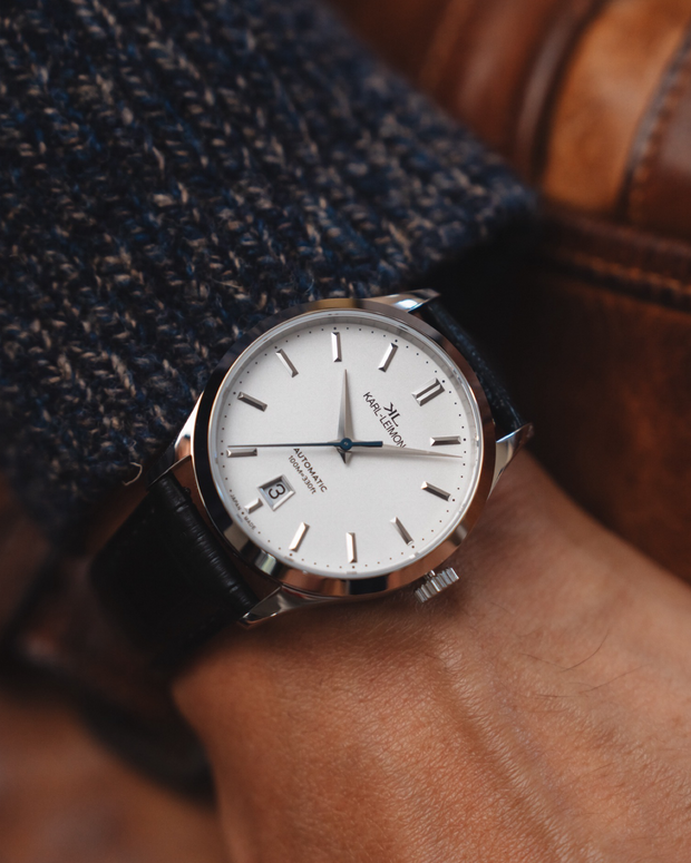 3Hands Date WHITE Heat Treated Blue Hands - KARL-LEIMON Watches 3Hands Date WHITE Heat Treated Blue Hands - KARL-LEIMON Watches