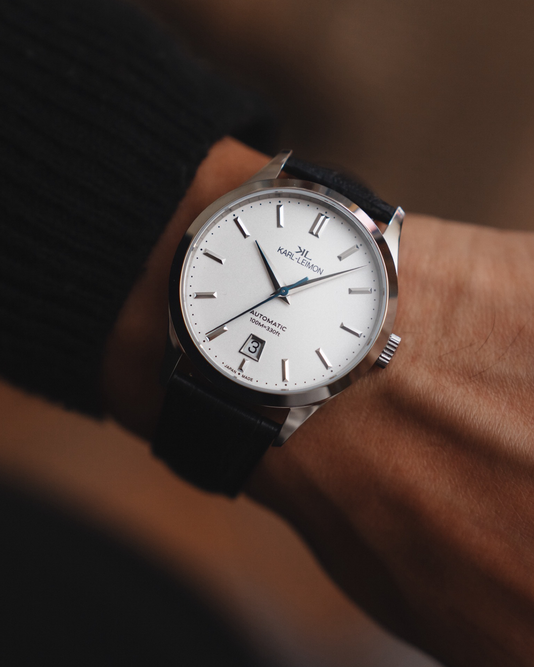 3Hands Date WHITE Heat Treated Blue Hands - KARL-LEIMON Watches