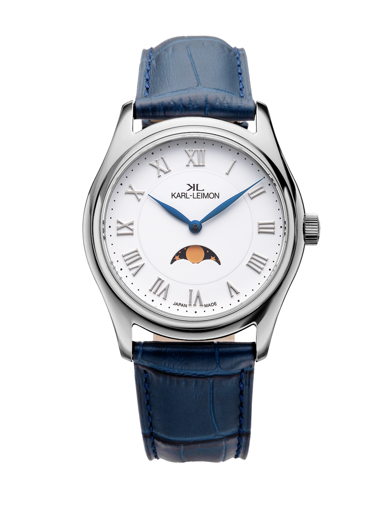 Single Moonphase WHITE BLUE HANDS - KARL-LEIMON Watches