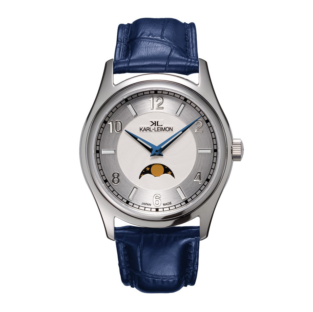 Single Moonphase WHITE BLUE HANDS - KARL-LEIMON Watches